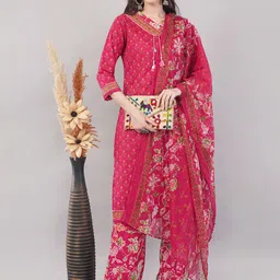 Nakhrelee Women Floral Printed Straight Regular Pure Cotton Kurta & Palazzos With Dupatta-18