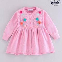 Babyoye Full Sleeves Cotton Woollen Dress Pom Pom Design - Pink-image-92