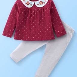 Babyhug 100% Cotton Full Sleeves  Top With Flower Applique and Lounge Pant - Maroon & White-image-126
