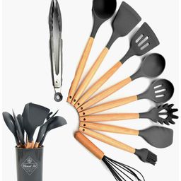 Evafly Kitchen Tool Set Cooking Silicone Turner Whisk Spoon Brush Silicon Spatula Set Ladle Slotted Tongs Pasta Fork Set of 10 - Grey-20