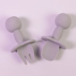 Silicone Fork & Spoon Set With Bear Handle - Grey-0