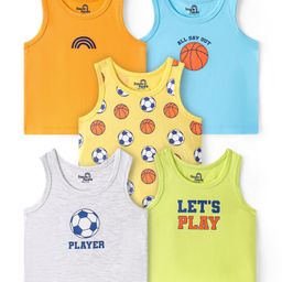 Doodle Poodle 100% Cotton Sleeveless Vests With Football & Basketball Print Pack Of 5 - Multicolour-picture-26