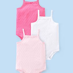 Babyhug 100% Cotton Pointelle Fabric Sleeveless Singlet Onesies Pack of 3 - Pink & White-image-94