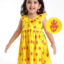 Earthy Touch Cotton Single Jersey Knit Ruffled Ethnic Dress Floral Print - Yellow-picture-14