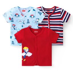 Babyhug 100% Interlock Cotton Knit Half Sleeves Front Open Antibacterial Vests with Stripes & Penguin Print Pack of 3 - Blue & Red-9