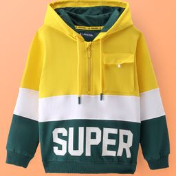 Pine Kids Cotton Knit Full Sleeves Hooded Sweat Shirt With Colour Block Design & Text Print - Lemon-picture-25