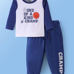 Doodle Poodle Cotton Knit Full Sleeves T-Shirt & Lounge Pant Set with Text Print - Bright White & Limoges Blue-image-64