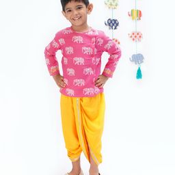 lil' drama Lil Drama Rayon Full Sleeves Elephant Printed Kurta With Dhoti - Pink & Yellow-picture-17