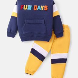Babyhug Cotton Knit Full Sleeves T-Shirt & Lounge Pants Set With Kangaroo Pocket & Text Embroidery - Navy & Yellow-image-27