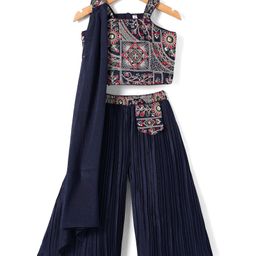 Babyhug Georgette Woven Sleeveless Floral Embroidered & Sequinned Top With Palazzo and Dupatta Set - Navy Blue-image-67