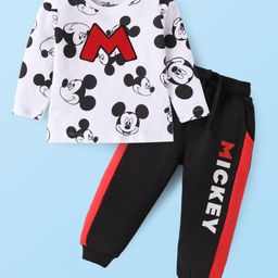 Babyhug Disney Single Jersey Knit Full Sleeves T-Shirt & Lounge Pant Set With Mickey Mouse Graphics - White & Black-image-88