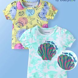 Babyoye Eco Conscious Interlock Knit with Eco Jiva Finish Puff Sleeves T-Shirts With Star Fish & Shell Fish Print Pack of 2 - Light Blue Yellow-image-43
