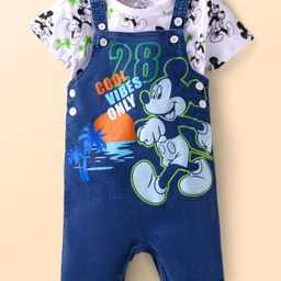 Babyhug Disney Single Jersey Knit Dungaree & Half Sleeves T-Shirt With Mickey Mouse Graphics - Navy Blue & White-image-91