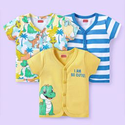 Babyhug Interlock Knit Half Sleeves Front Open Vests with Dino Print & Stripes Pack of 3 - Yellow & White-image-17