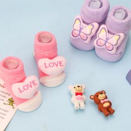 Yellow Bee Pack Of 2 Cotton Sweet Butterfly & Love Heart Applique Detailed Socks - Pink & Purple-picture-34