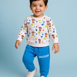 Babyhug Terry Knit Full Sleeves T-Shirt & Lounge Pant Set With Space Theme Print - White & Blue-image-60