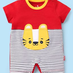 Child World Interlock Knit Half Sleeves Romper with Stripes & Animal Print - Red-image-85