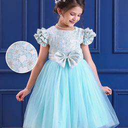 Mark & Mia Woven Half Flutter Sleeves Floral Glitter Printed Party Dress with Bow Applique & Pearl Embellishment - Light Blue-image-47