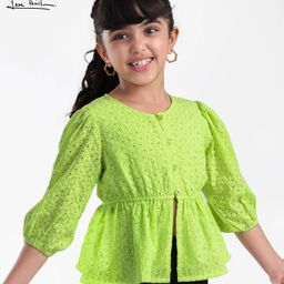 arias by lara dutta Arias Woven Full Sleeves Front Open Schiffli Dress - Limegreen-picture-34