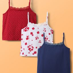 Honeyhap Premium Cotton Knit Singlet Sleeves Slips With Bio Finish Polka Dots & Floral Print Pack Of 3 - Navy Blue Red & White-image-21