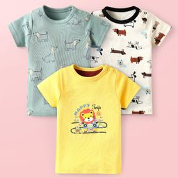 Kidi Wav Cotton Pack Of 3 Half Sleeves Vehicles & Animals Printed Tees - Multi Colour-image-83