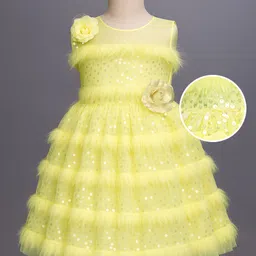 Enfance Sleeveless Sequins Embellished Floral Applique & Fur Detailed Knee Length Dress - Lemon-picture-13