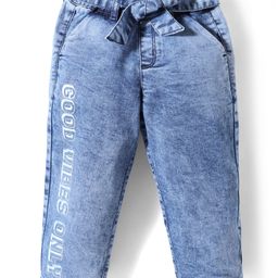 Babyhug Full Length Denim Jeans Washed with Stretch Bow Applique & Good Vibes Only Print - Blue-image-95