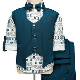 Radutu Full Sleeves Abstract Printed 3 Piece Party Suit With Bow Set - Peacock Blue & Off White-image-70