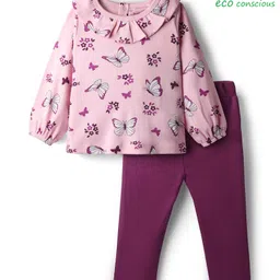 Babyoye 100% Cotton Knit With Eco Jiva Finish Full Sleeves Top & Leggings Set With Floral & Butterfly Print - Lavender & Wine-picture-40