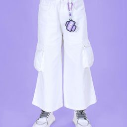 Kiddopanti Denim Woven Solid Cargo Pants With Trend Text Designed Key Chain - White-image-61