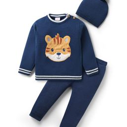 Babyhug Organic Cotton Knit Full Sleeves Sweater Sets with Cap & Tiger Design - Navy Blue-image-120
