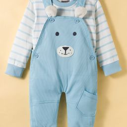 Little Kangaroos Cotton Woven Full Sleeves Dungarees With Striped T-Shirt - Light Blue-picture-17