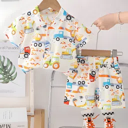 Googo Gaaga Cotton Woven Half Sleeves Constructions Vehicles Printed Shirt & Coordinating Shorts Set - White-picture-14