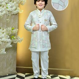 BT DEZINES Satin Woven Full Sleeves Abstract Embroidered Sequins & Pearls Embellished Sherwani Trousers With Mala Set - White-image-57