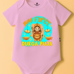 The Peppy Tend 100% Cotton Knit Durga Puja Theme Half Sleeves My First Durga Puja Text Printed Onesie - Pink-picture-0