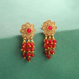 Yellow Chimes Gold-Plated Stone Studded & Beaded Floral Shaped Drop Earrings-11