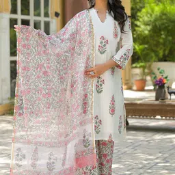 THE FAB FACTORY Floral Printed Mandarin Collar Straight Kurta With Palazzo And Dupatta-image-2