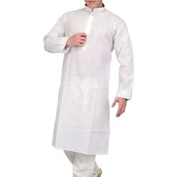 Exotic India Men Light-Gray Cotton Kurta Pajama with Embroidery on Neck-image-81