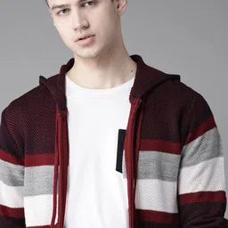 Roadster Men Maroon & Grey Striped Hooded Cardigan-image-73
