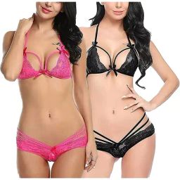 AROUSY Pink & Black Self Pattern Lingerie Set-image-34
