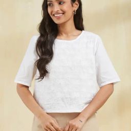 Fabindia White Cotton Chikankari Short Top-image-93