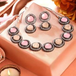 Zaveri Pearls Pink Mother of Pearls Black Choker Necklace Earring Set-ZPFK17637-image-85