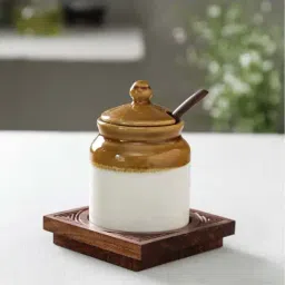 Unravel India Off-White & Brown Ceramic Pickle Jar With Lid Set-27