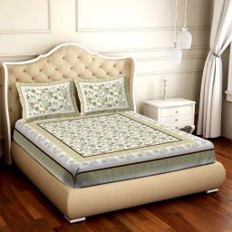BELLA CASA Amer Floral Green & White 350 TC Plain King Bedsheet with 2 Pillow Covers-image-1
