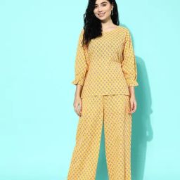 Libas Yellow Regular Fit Floral Night Suits-image-71