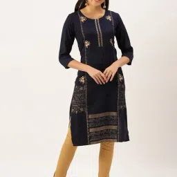 SHOWOFF Navy Cotton Printed Calf Length Straight Kurta-image-84