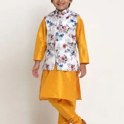 Benstoke Kids Yellow & White Floral Print Full Sleeves Kurta Set-image-1