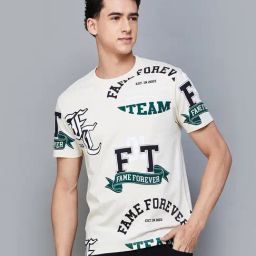 Fame Forever Beige Cotton Regular Fit Printed T-Shirt-image-5