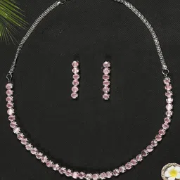 Gemron Jewel Rhodium-Plated Pink Cubic Zirconia Studded Necklace with Drop Earrings-image-94