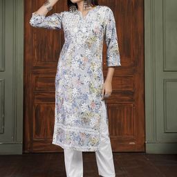 KALINI Women Floral Embroidered Regular Chikankari Kurta with Palazzos-image-61